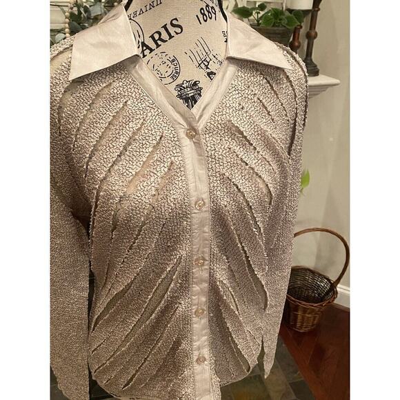 Gold Button Up Blouse Vintage Pleats Collection Pings Imports XL Glam Retro 70s - Picture 2 of 10